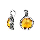 Sterling Silver Balinese Round Shape Citrine Quartz Pendant With Carved Silver Frame